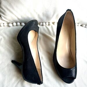 Calvin Klein Black Peep-Toe Kail Snakeskin Textured Leather Heels Pumps 8M